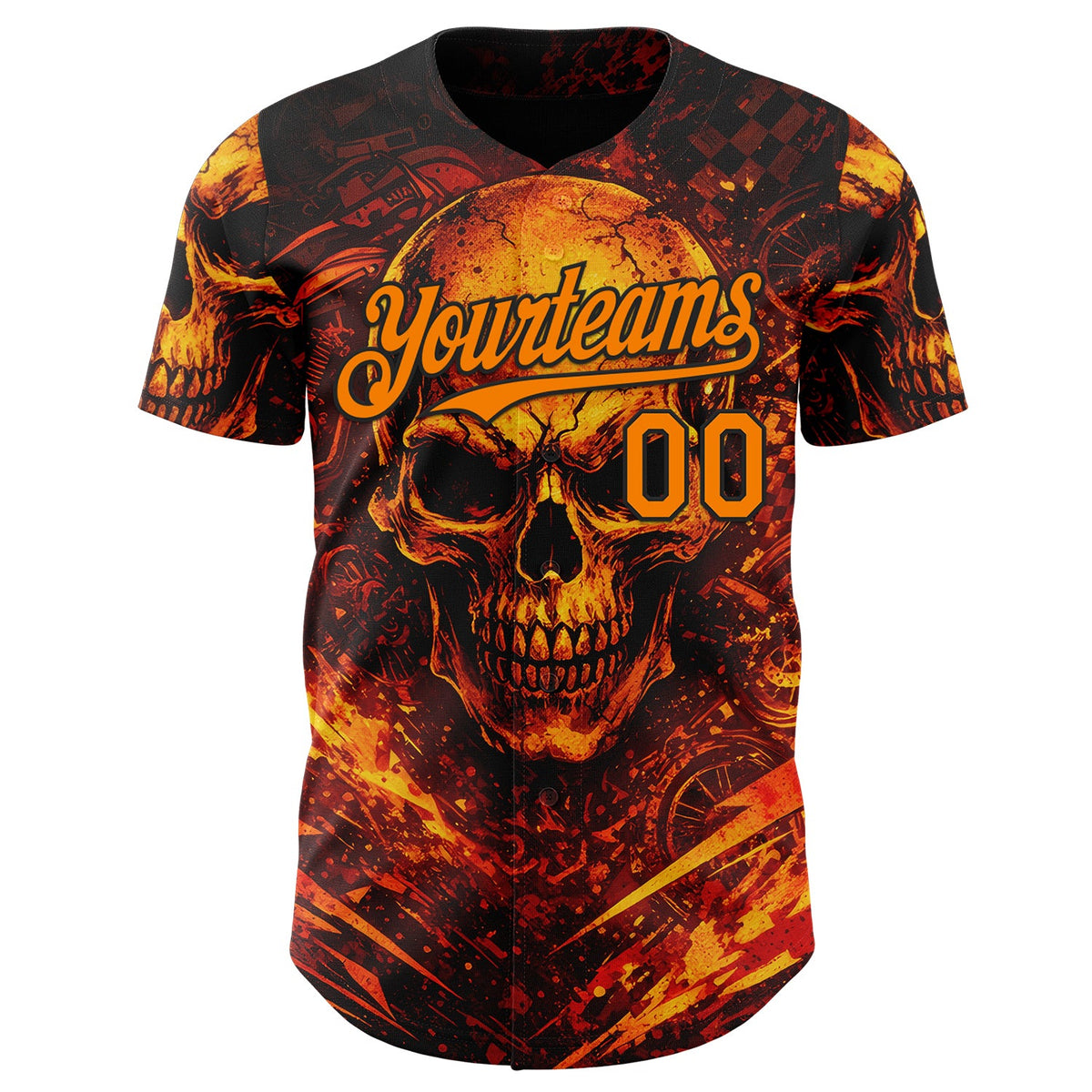 Custom Black-Bay Orange 3D Pattern Design Motorcycle Motocross Skull Flame Authentic Baseball Jersey