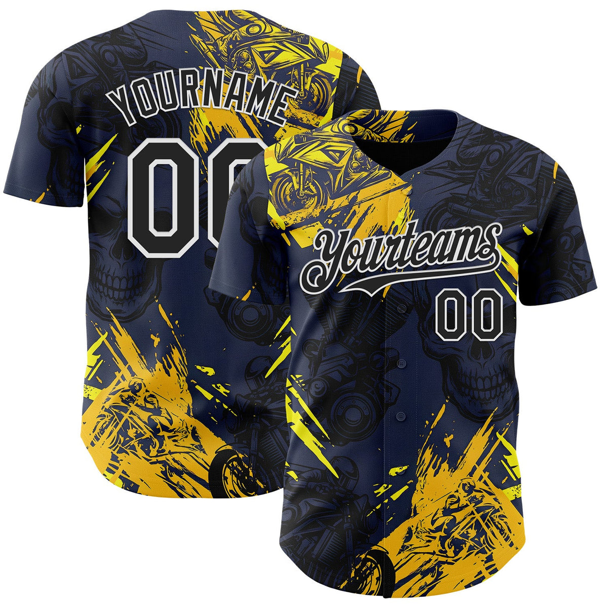 Custom Navy Black Yellow-White 3D Pattern Design Motorcycle Motocross Skull Authentic Baseball Jersey