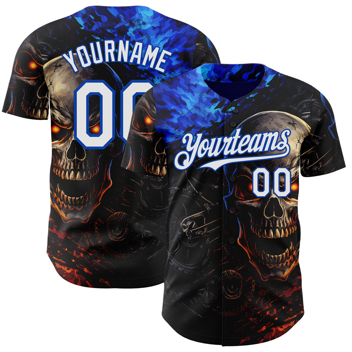 Custom Black White-Thunder Blue 3D Pattern Design Motorcycle Motocross Skull Authentic Baseball Jersey