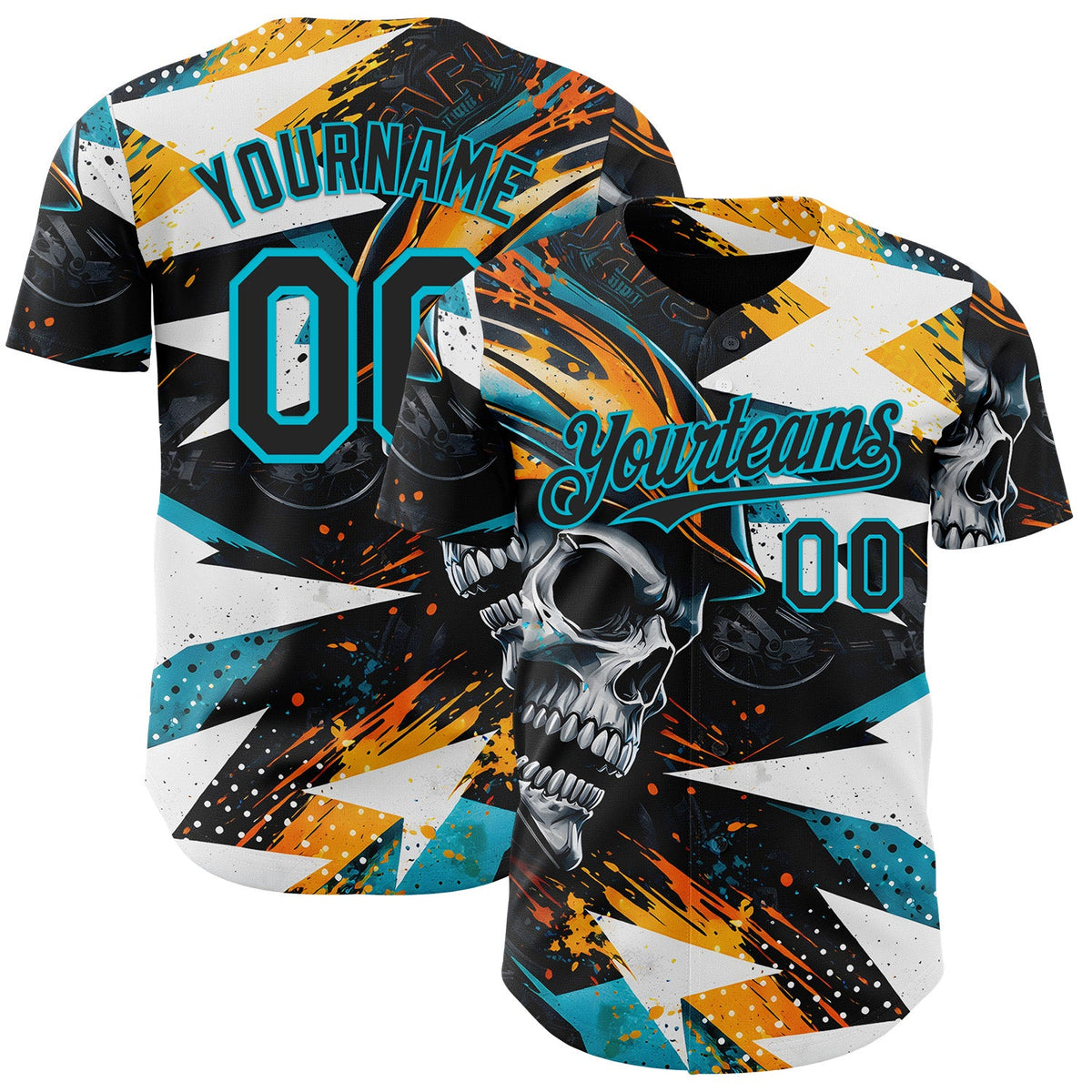 Custom Black Yellow-Lakes Blue 3D Pattern Design Motorcycle Motocross Skull Authentic Baseball Jersey