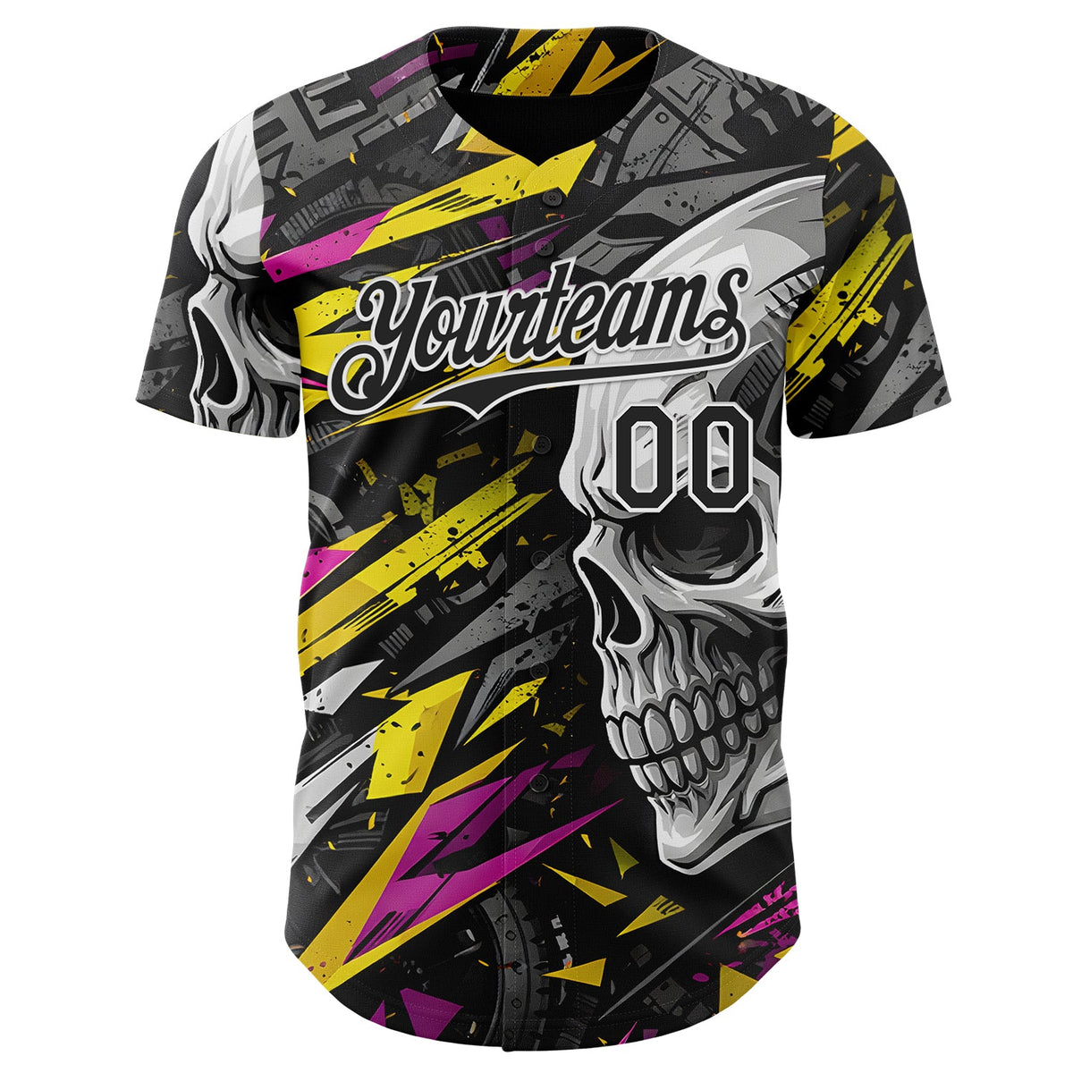 Custom Black Yellow Deep Pink-White 3D Pattern Design Motorcycle Motocross Skull Authentic Baseball Jersey