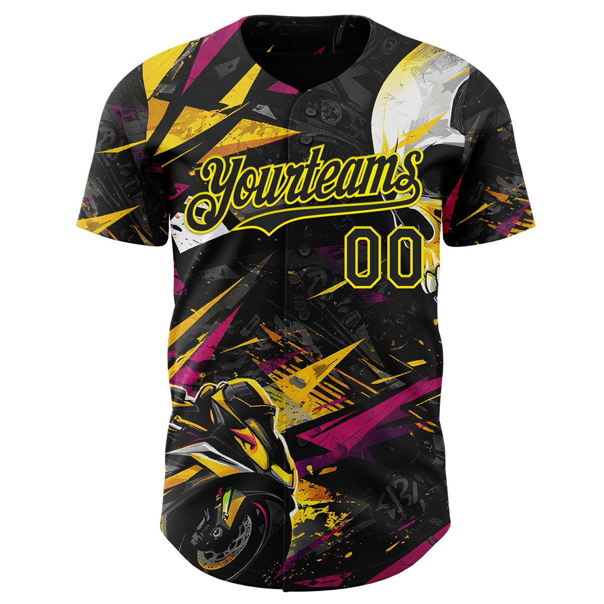 Custom Black Deep Pink-Light Yellow 3D Pattern Design Motorcycle Motocross Skull Authentic Baseball Jersey