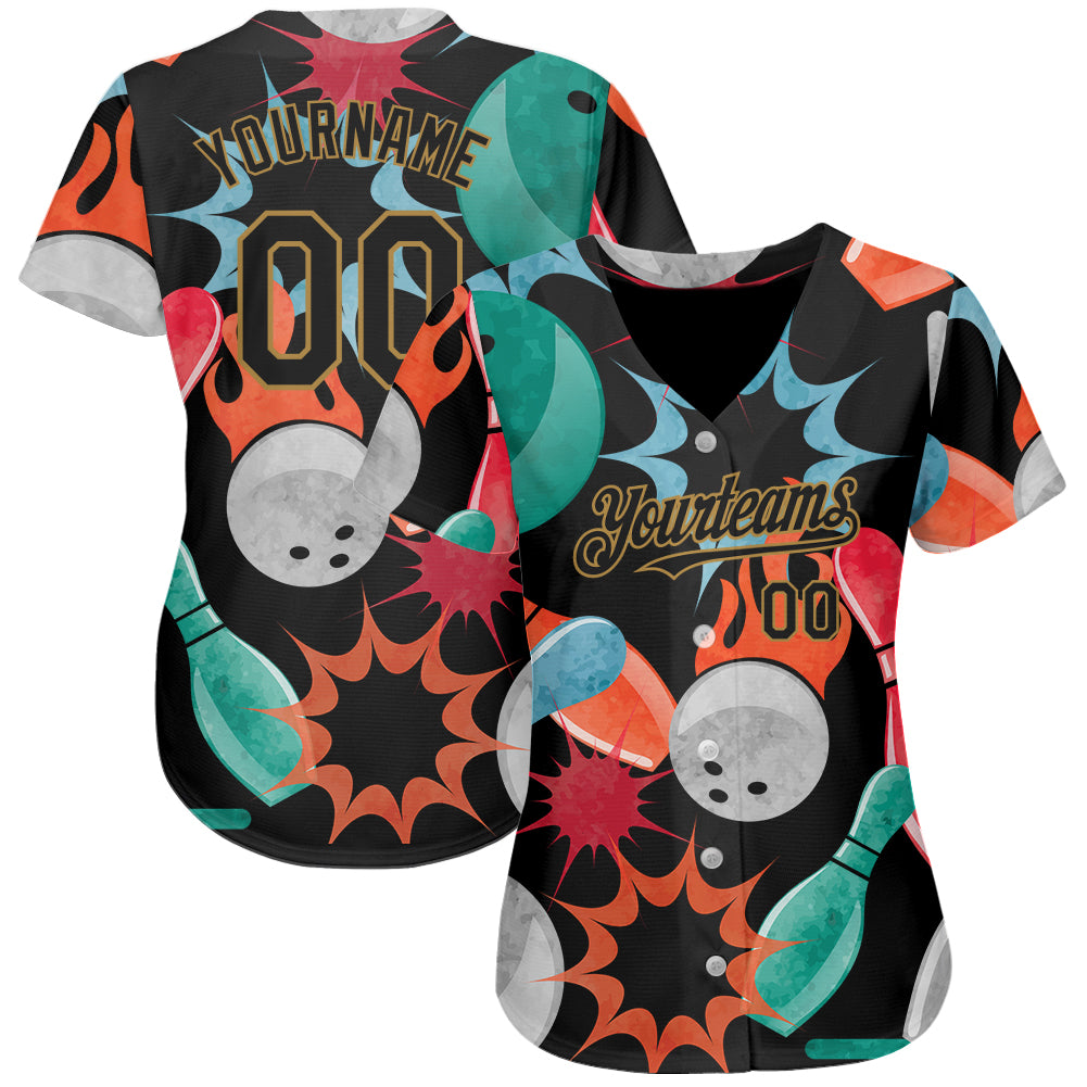 Custom Black Old Gold 3D Pattern Design Bowling Authentic Baseball Jersey