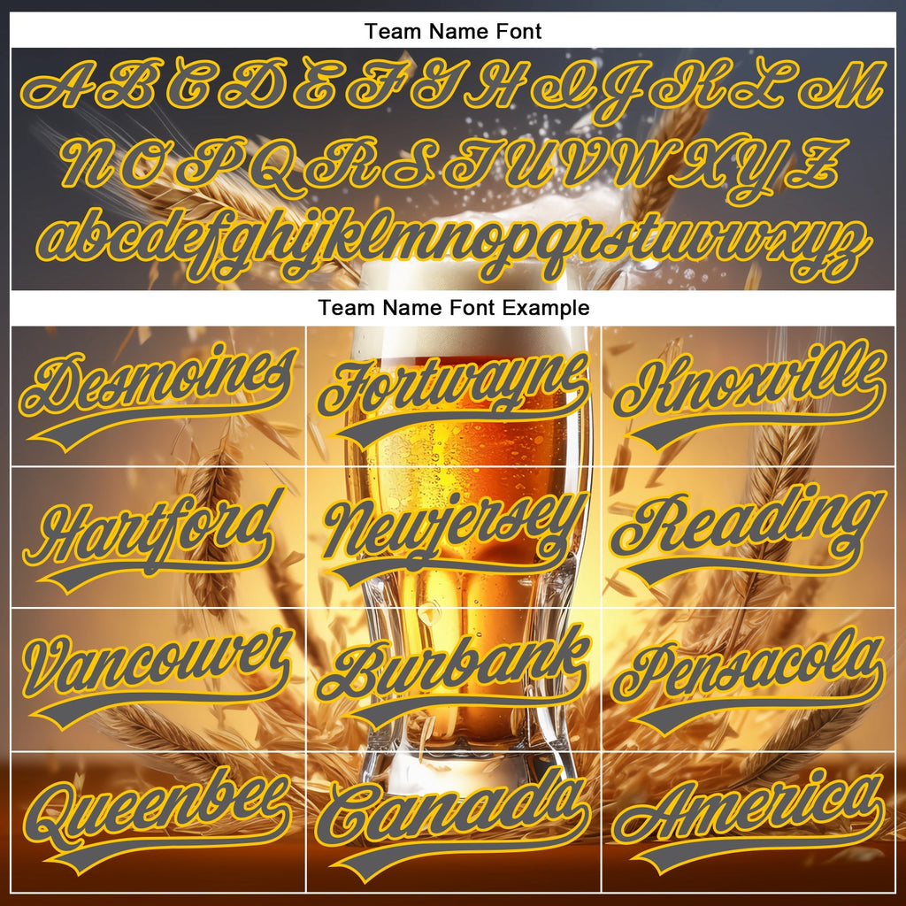 Custom Steel Gray Yellow 3D Pattern Design International Beer Day Authentic Baseball Jersey