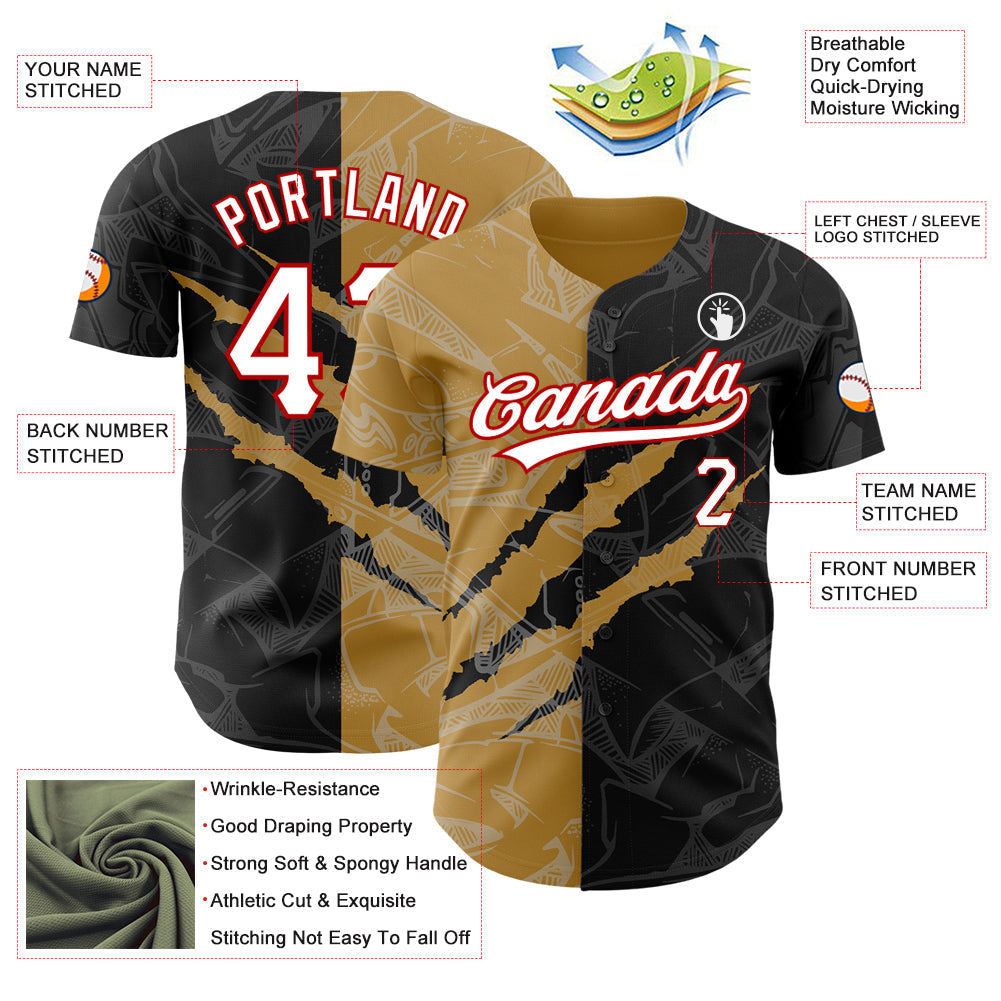 Custom Graffiti Pattern Black Old Gold-Red 3D Scratch Authentic Baseball Jersey