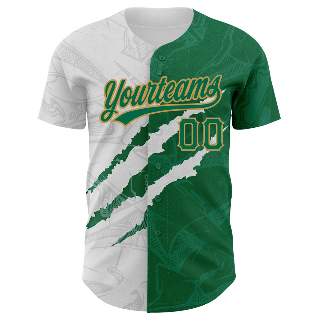 Custom Graffiti Pattern Kelly Green-Old Gold 3D Scratch Authentic Baseball Jersey