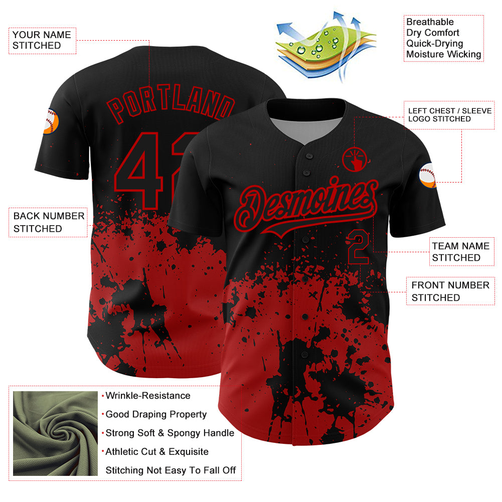 Custom Black Red 3D Pattern Design Abstract Splash Grunge Art Authentic Baseball Jersey