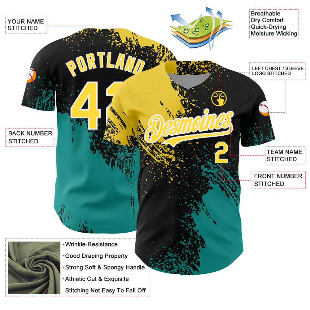 Custom Black Yellow-Teal 3D Pattern Design Abstract Brush Stroke Authentic Baseball Jersey