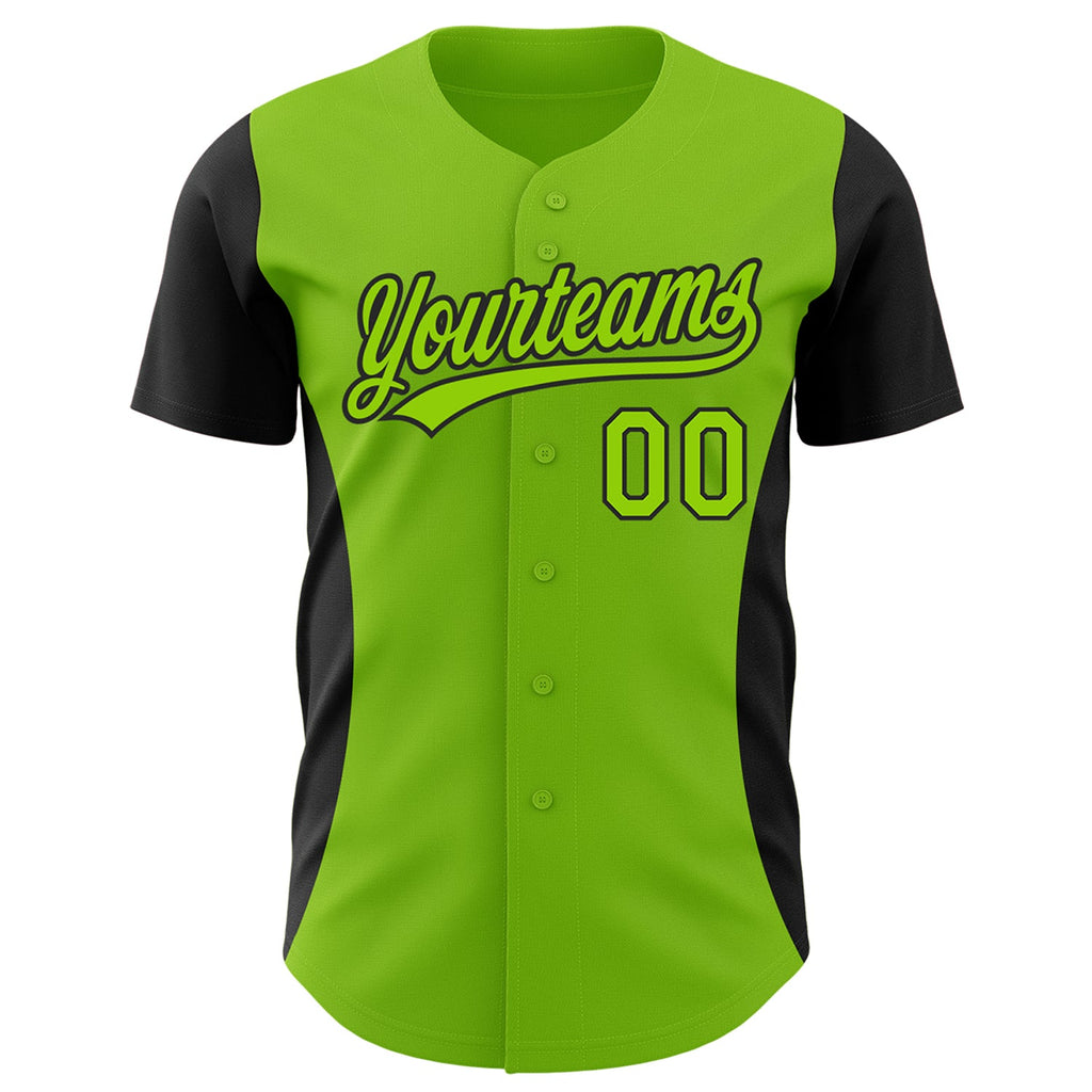 Custom Neon Green Black 3D Pattern Design Side Panel Stripes Authentic Baseball Jersey