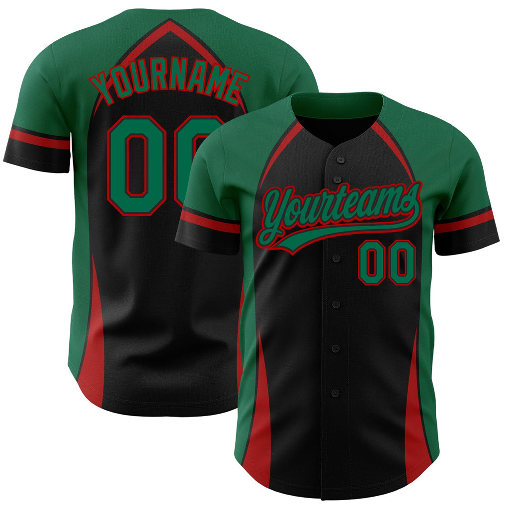 Custom Black Kelly Green-Red 3D Pattern Design Curve Solid Authentic Baseball Jersey