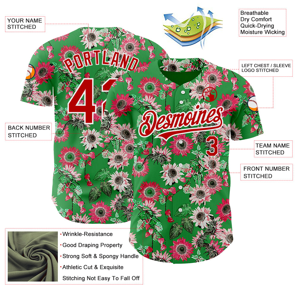 Custom Grass Green Red-White 3D Pattern Design Northeast China Big Flower Authentic Baseball Jersey