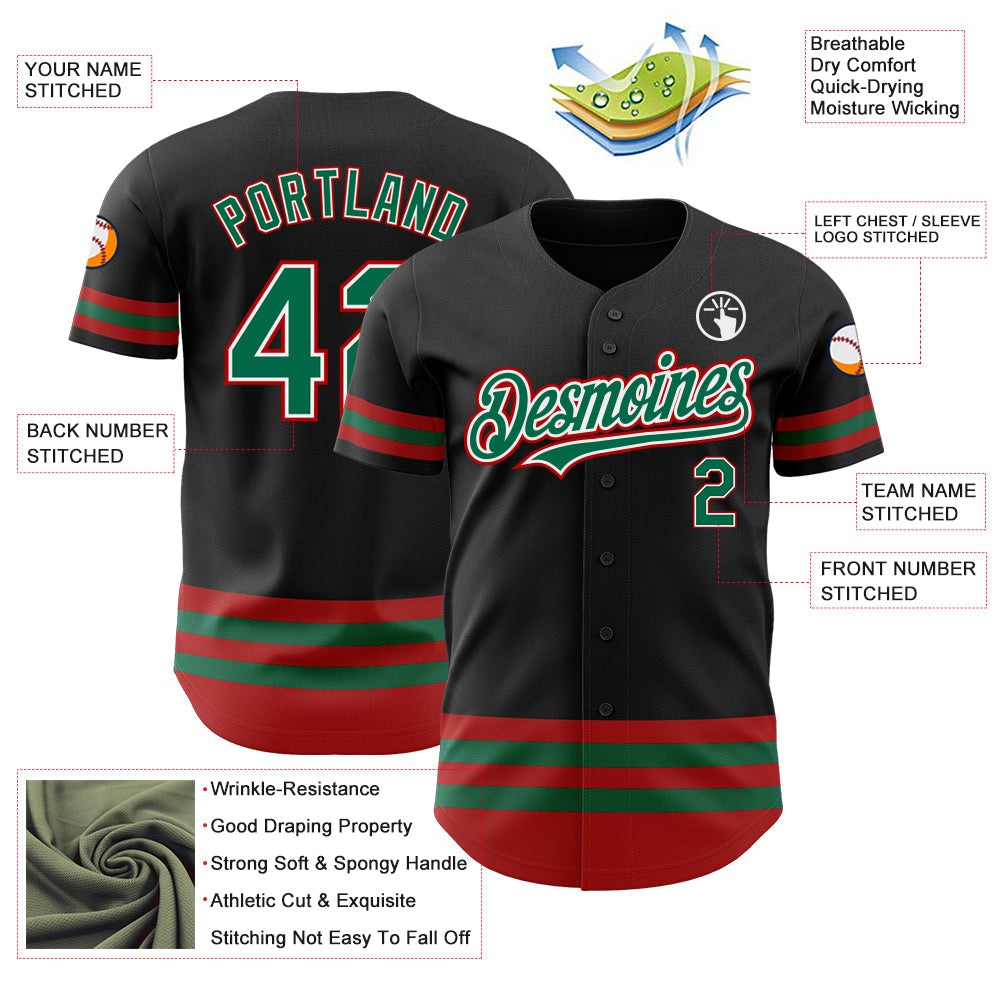 Custom Black Kelly Green-Red Line Authentic Baseball Jersey
