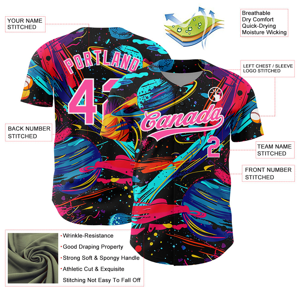 Custom Black Pink-White 3D Pattern Design Space With Planets And Rockets Authentic Baseball Jersey