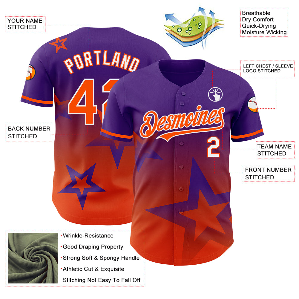 Custom Purple Orange-White 3D Pattern Design Gradient Style Twinkle Star Authentic Baseball Jersey