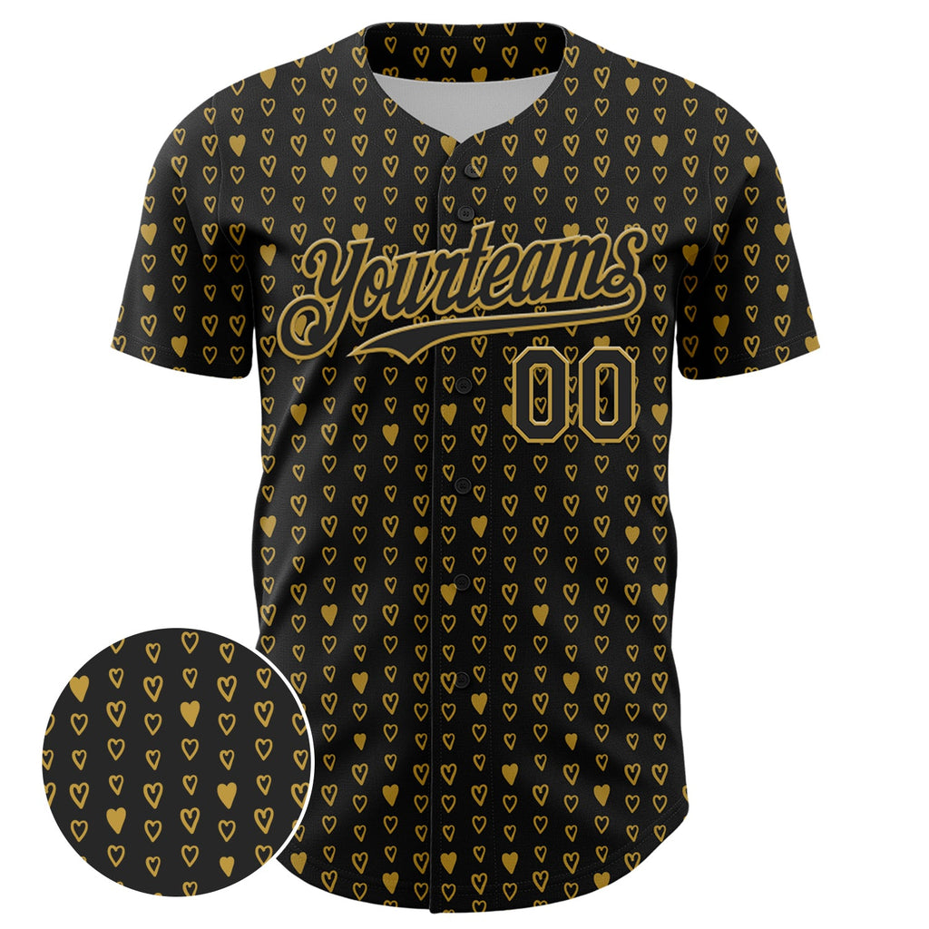 Custom Black Old Gold 3D Pattern Design Hearts Authentic Baseball Jersey