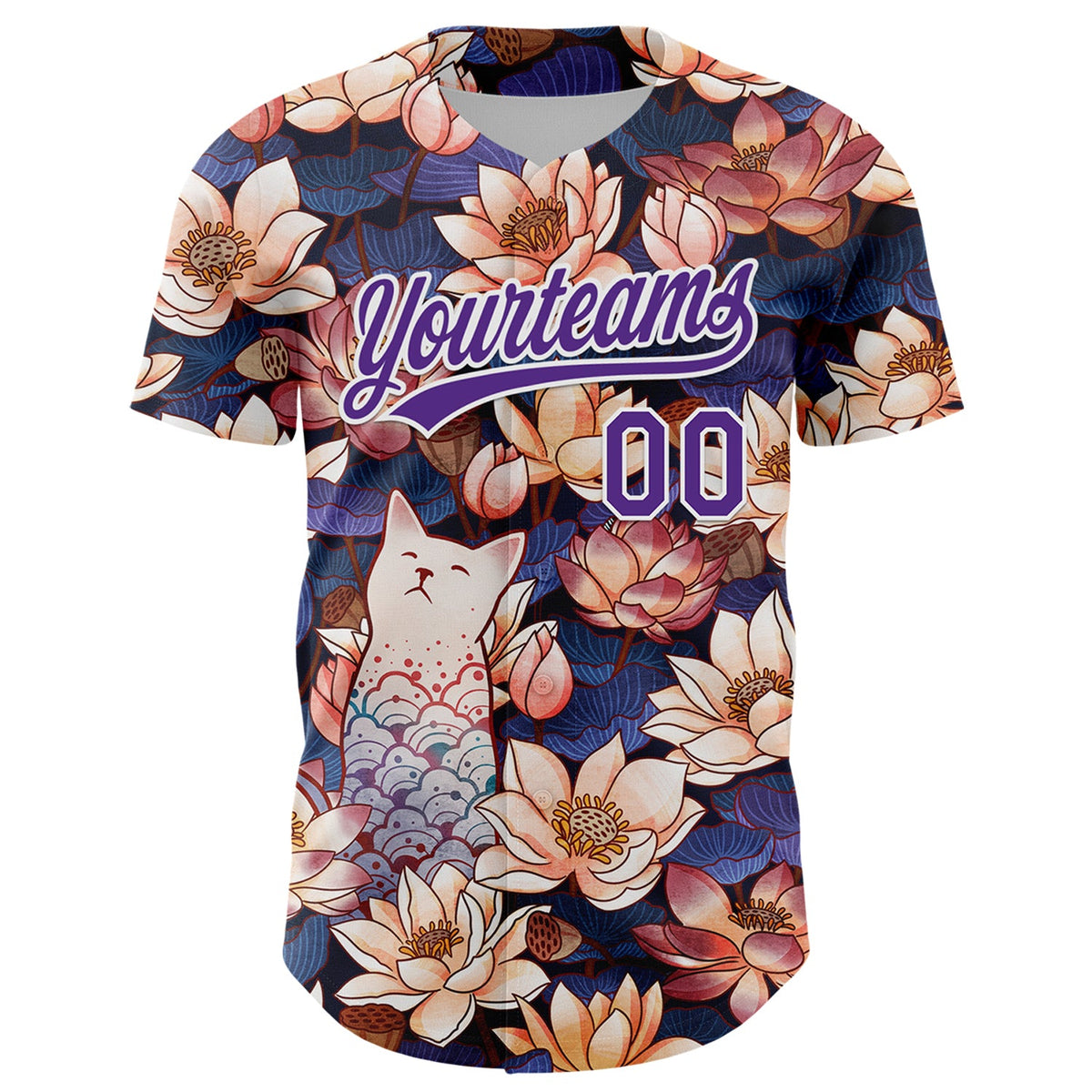 Custom Black Purple-White 3D Syntetyc White Cat Lotus Authentic Baseball Jersey