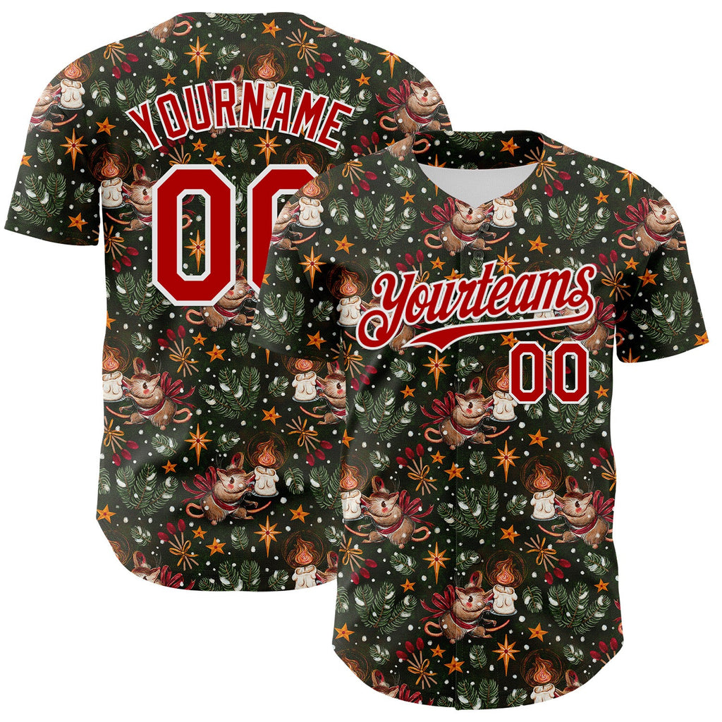Custom Green Red-White 3D Emi Bee Christmas Mouse Candle Authentic Baseball Jersey
