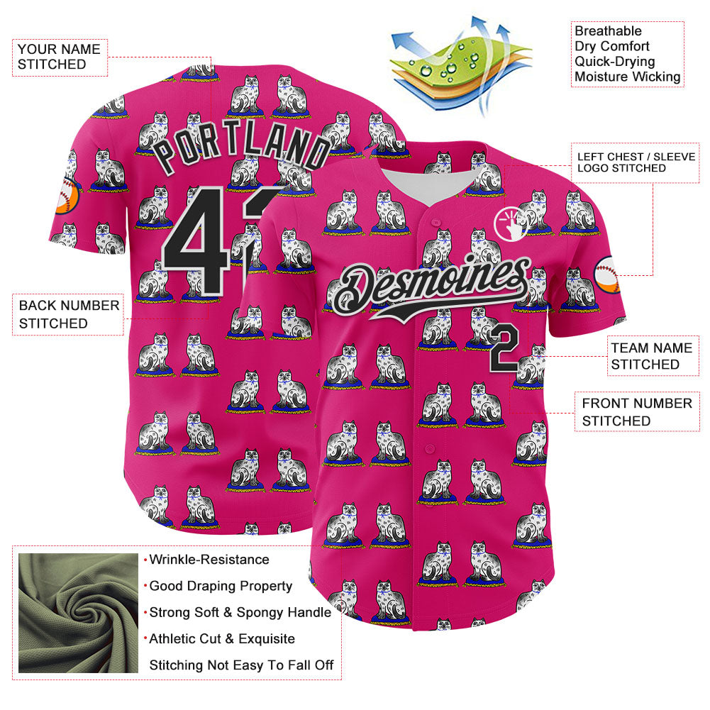 Custom Hot Pink Black-White 3D Emi Bee Staffordshire Cat Authentic Baseball Jersey
