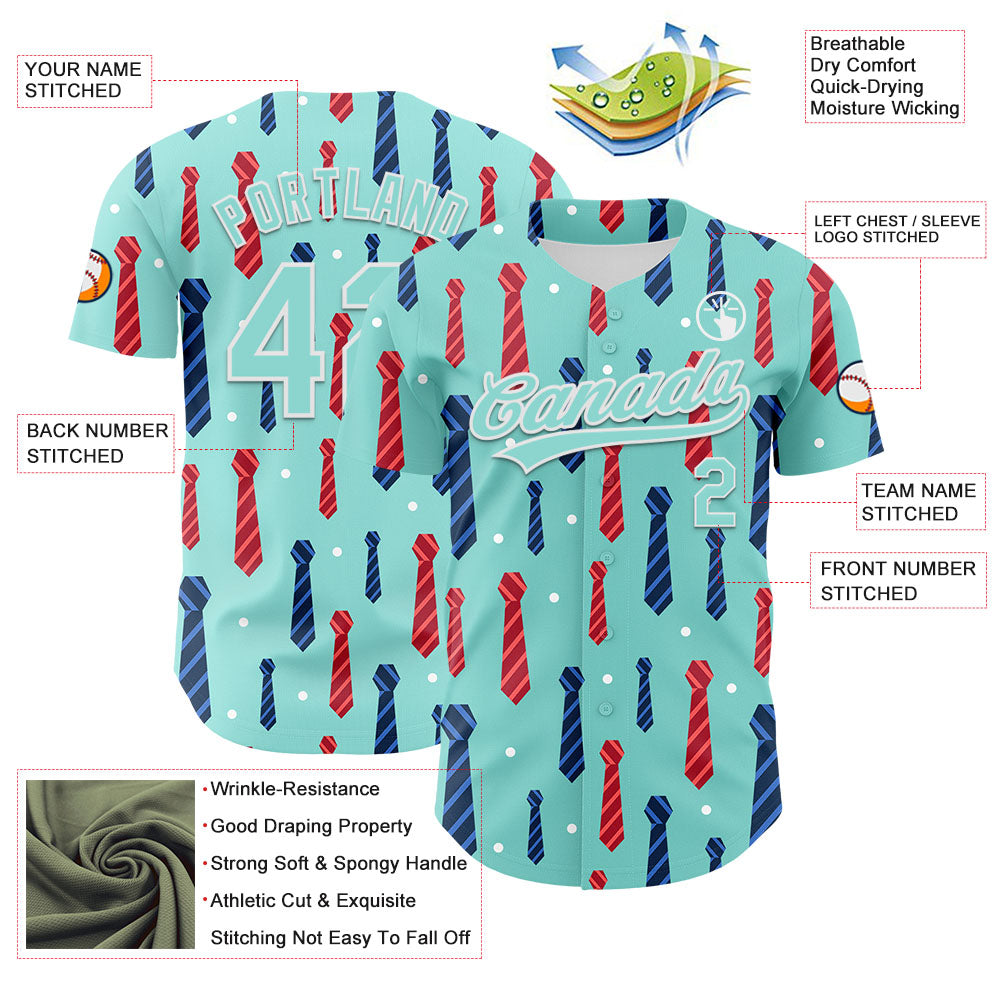 Custom Ice Blue White 3D Pattern Design Father's Day Tie Authentic Baseball Jersey