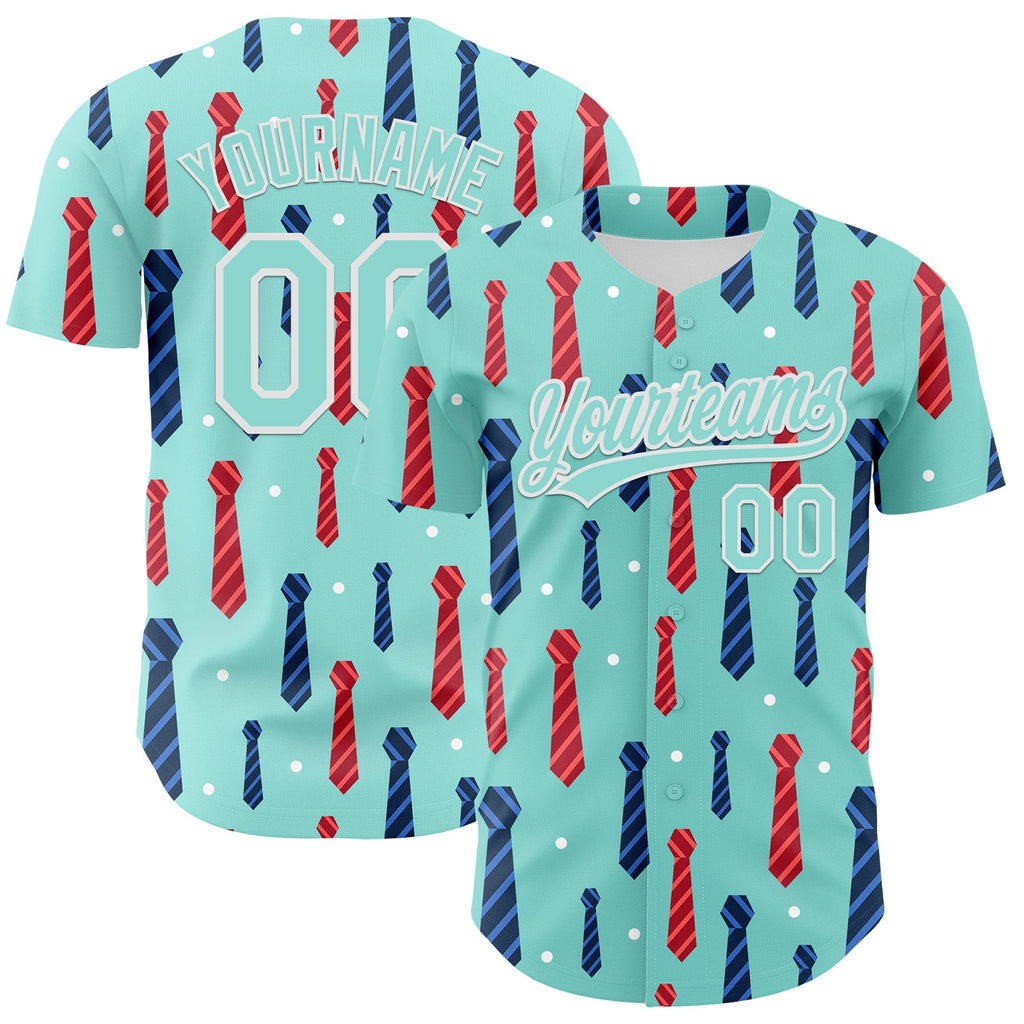 Custom Ice Blue White 3D Pattern Design Father's Day Tie Authentic Baseball Jersey