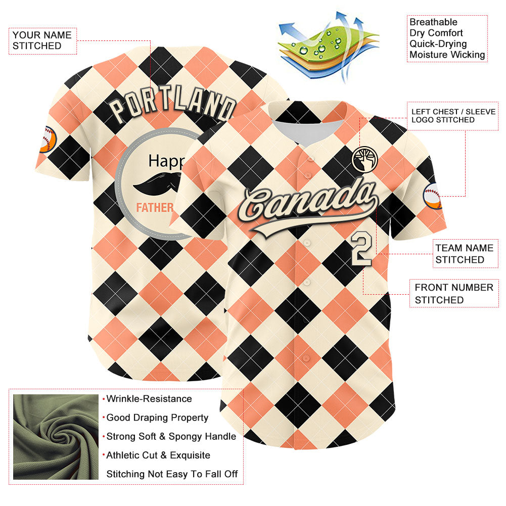 Custom Cream Black 3D Pattern Design Father's Day Mustache Authentic Baseball Jersey
