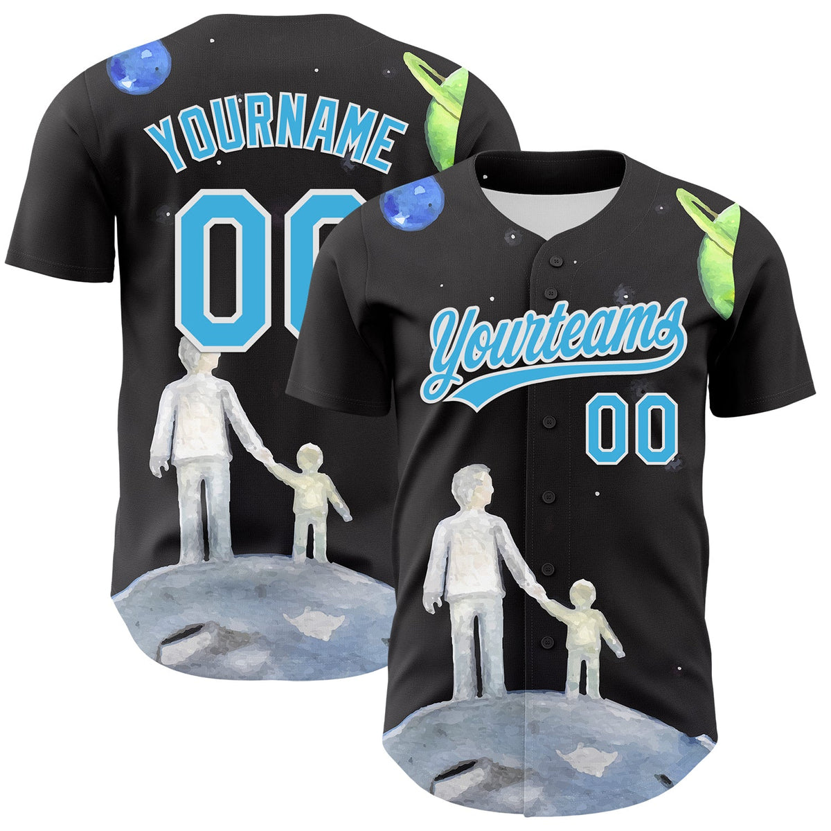 Custom Black Sky Blue-White 3D Pattern Design Father's Day Family Love Authentic Baseball Jersey
