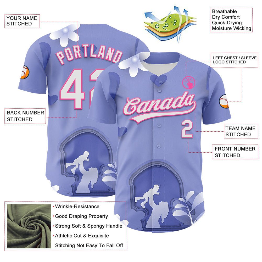 Custom Light Purple White-Pink 3D Pattern Design Mother's Day Family Love Authentic Baseball Jersey
