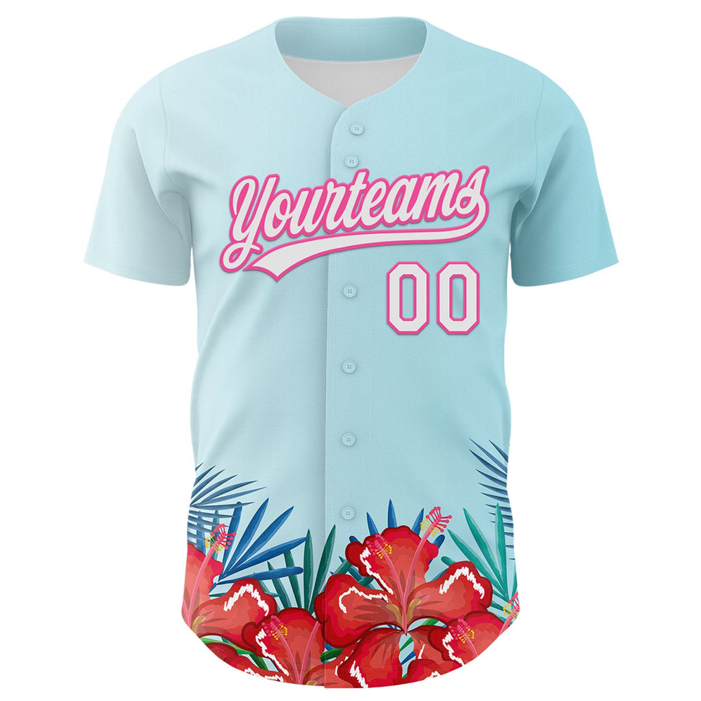 Custom Ice Blue White-Pink 3D Pattern Design Mother's Day Flower Authentic Baseball Jersey