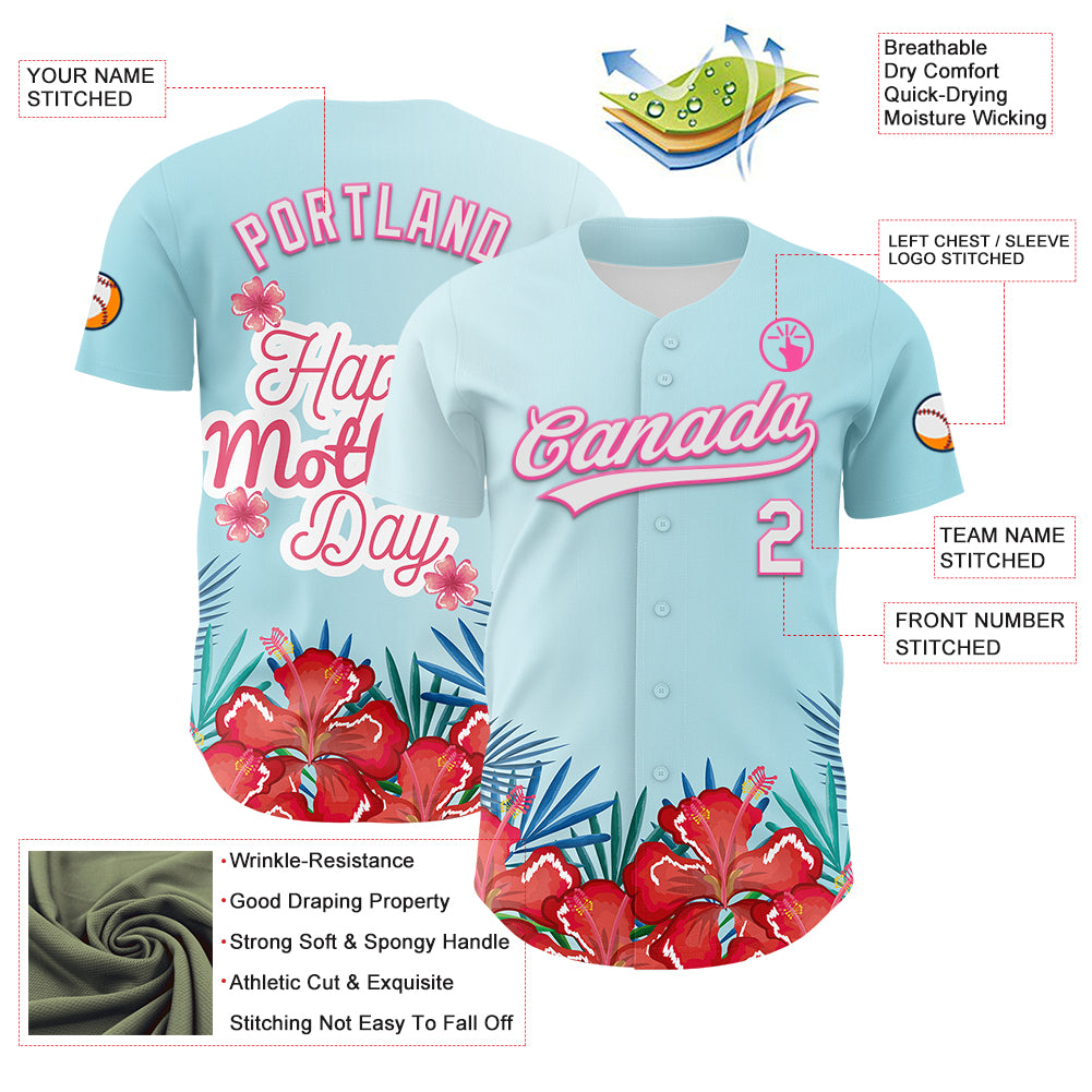 Custom Ice Blue White-Pink 3D Pattern Design Mother's Day Flower Authentic Baseball Jersey