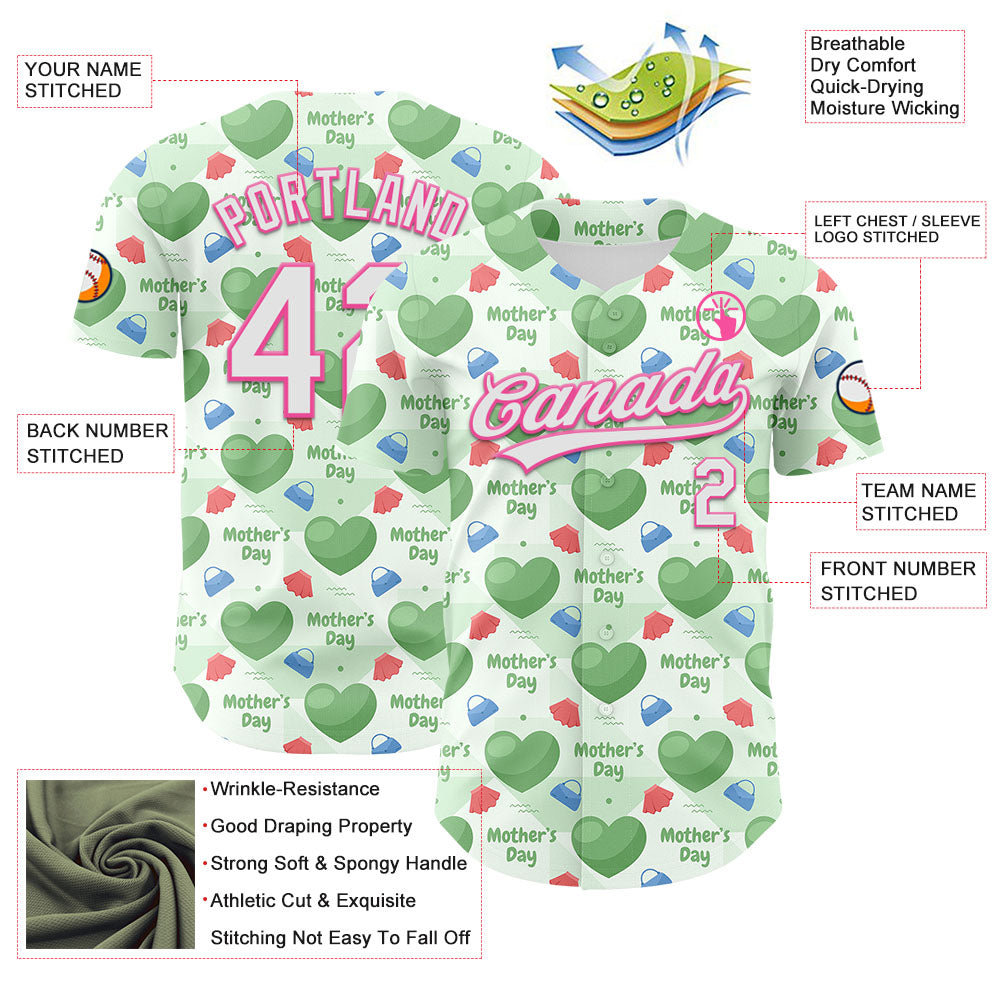 Custom Green White-Pink 3D Pattern Design Mother's Day Love Authentic Baseball Jersey