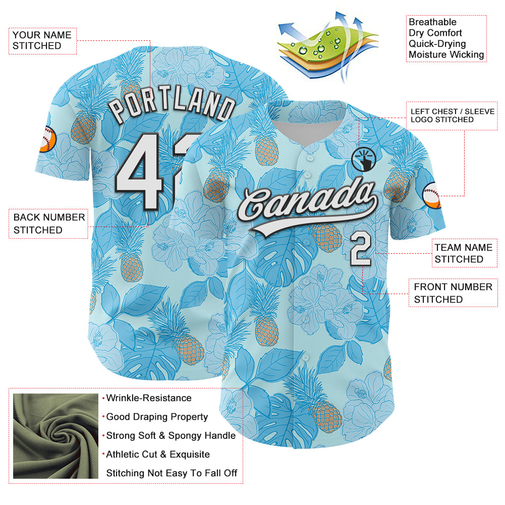 Custom Ice Blue White-Black 3D Hawaii Tropical Palm Leaves And Fruit Pineapple Authentic Baseball Jersey