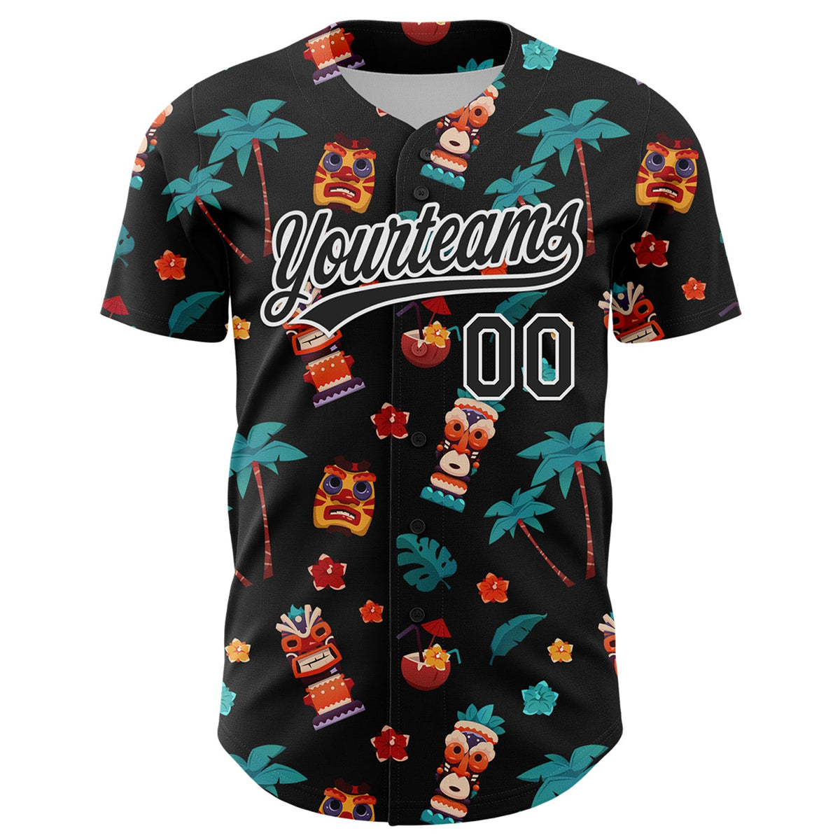 Custom Black White 3D Hawaii Tropical Palm Tree Flower And Tiki Mask Authentic Baseball Jersey