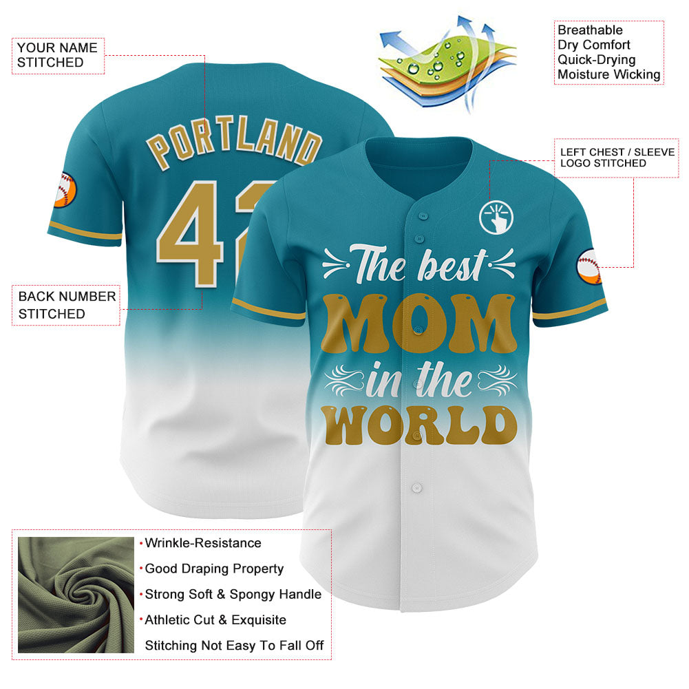 Custom Teal Old Gold-White 3D Pattern Design Gradient Mother's Day Authentic Baseball Jersey
