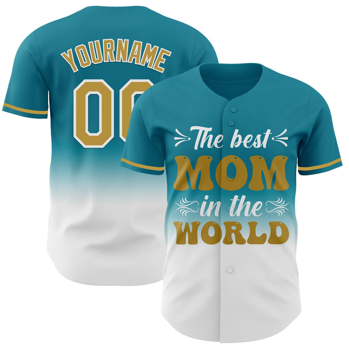 Custom Teal Old Gold-White 3D Pattern Design Gradient Mother's Day Authentic Baseball Jersey