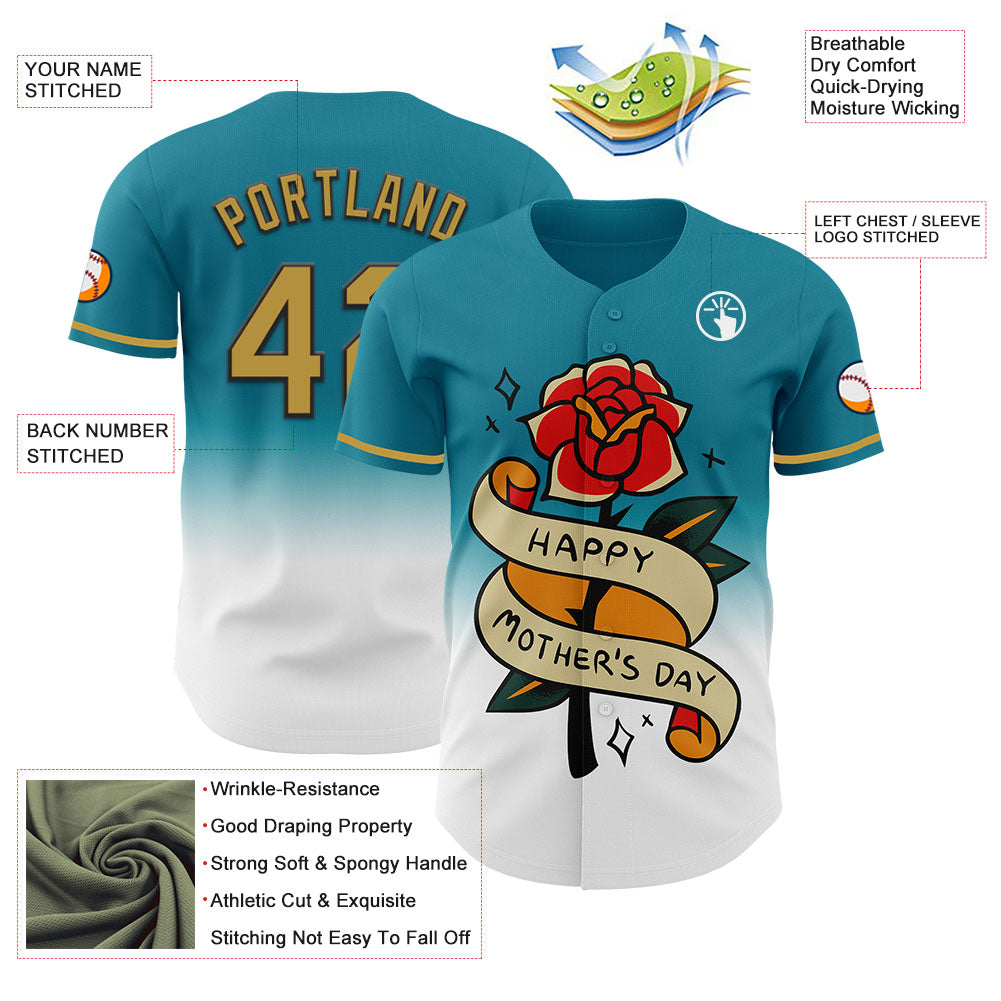 Custom Teal Old Gold-Black 3D Pattern Design Gradient Mother's Day Flower Authentic Baseball Jersey