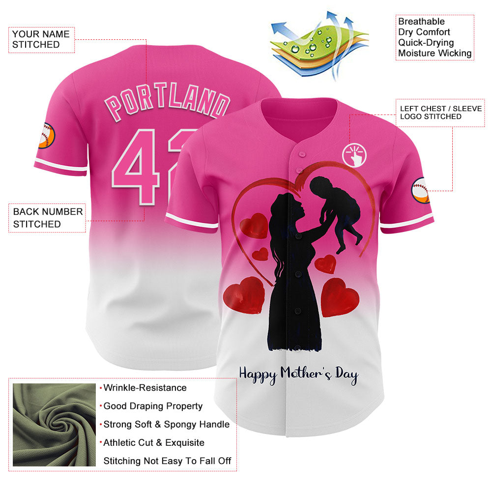 Custom Pink White 3D Pattern Design Gradient Mother's Day Family Love Authentic Baseball Jersey