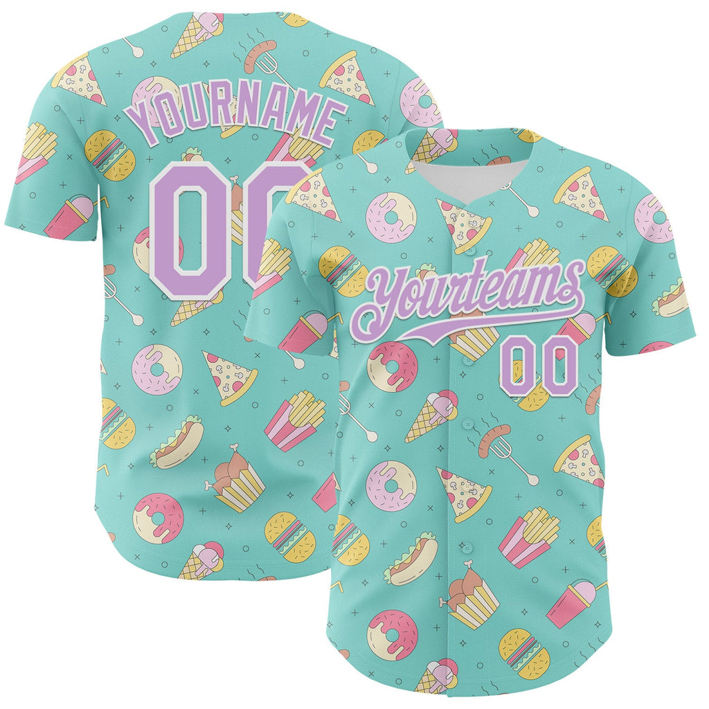Custom Ice Blue Light Purple-White 3D Pattern Design Foodie Fast Food Burger Fries Pizza Authentic Baseball Jersey