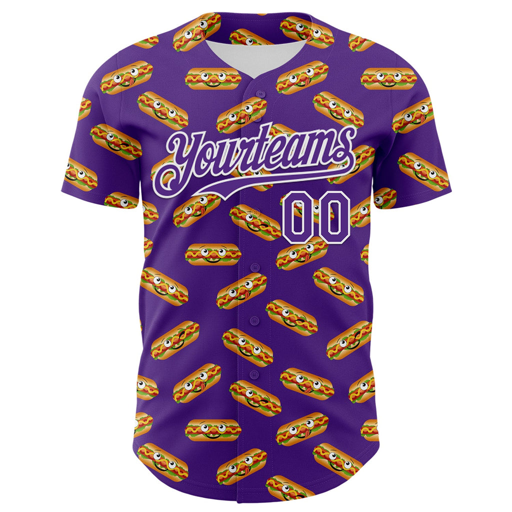 Custom Purple White 3D Pattern Design Foodie Fast Food Hot Dog Authentic Baseball Jersey
