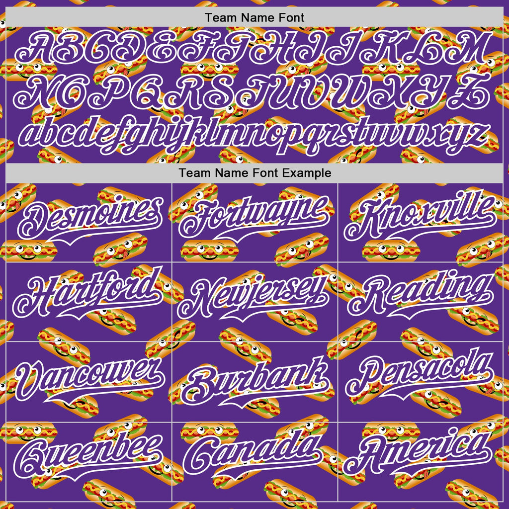 Custom Purple White 3D Pattern Design Foodie Fast Food Hot Dog Authentic Baseball Jersey