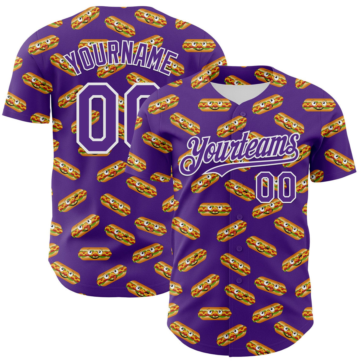 Custom Purple White 3D Pattern Design Foodie Fast Food Hot Dog Authentic Baseball Jersey