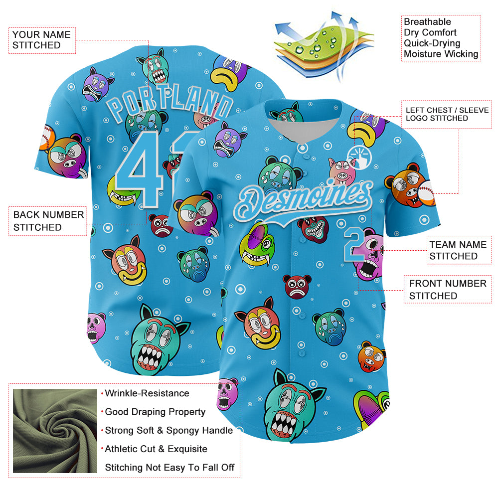 Custom Sky Blue White 3D Pattern Design Funny Cartoon Animal Authentic Baseball Jersey