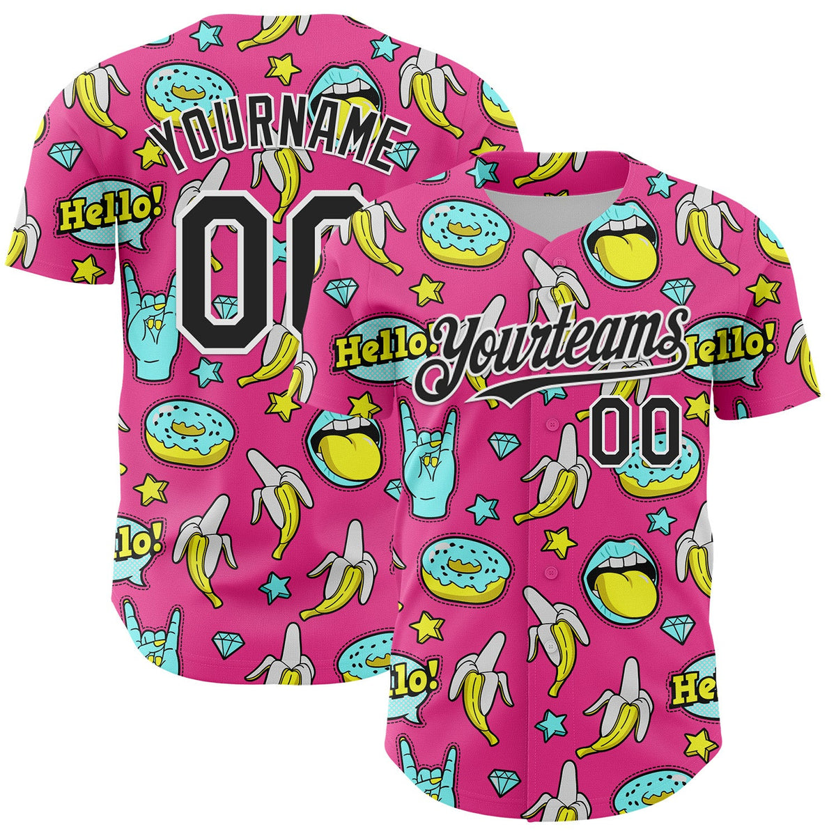 Custom Pink Black-White 3D Pattern Design Funny Cartoon Food Donut And Fruit Banana Authentic Baseball Jersey
