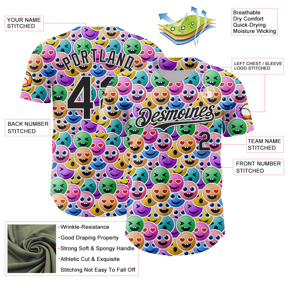 Custom White Black 3D Pattern Design Funny Cartoon Emoji Face Authentic Baseball Jersey