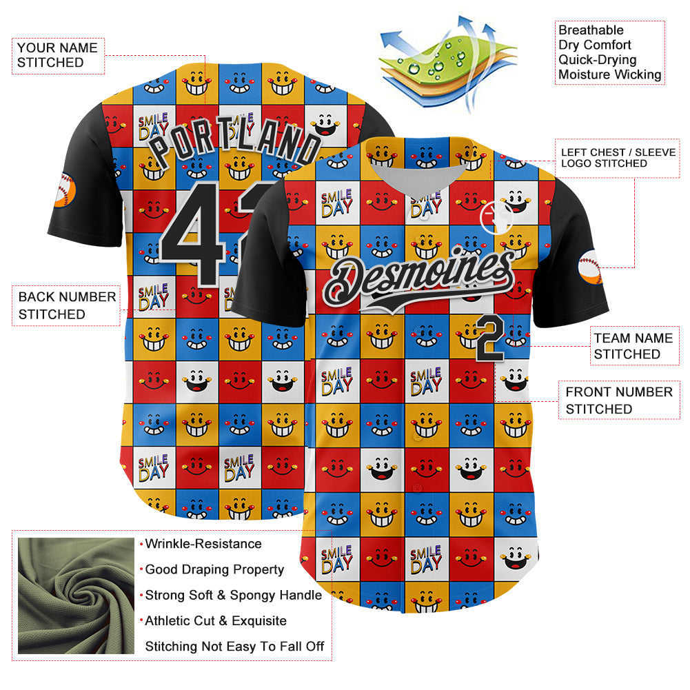 Custom White Black 3D Pattern Design Funny Cartoon Emoji Smile Face Authentic Baseball Jersey