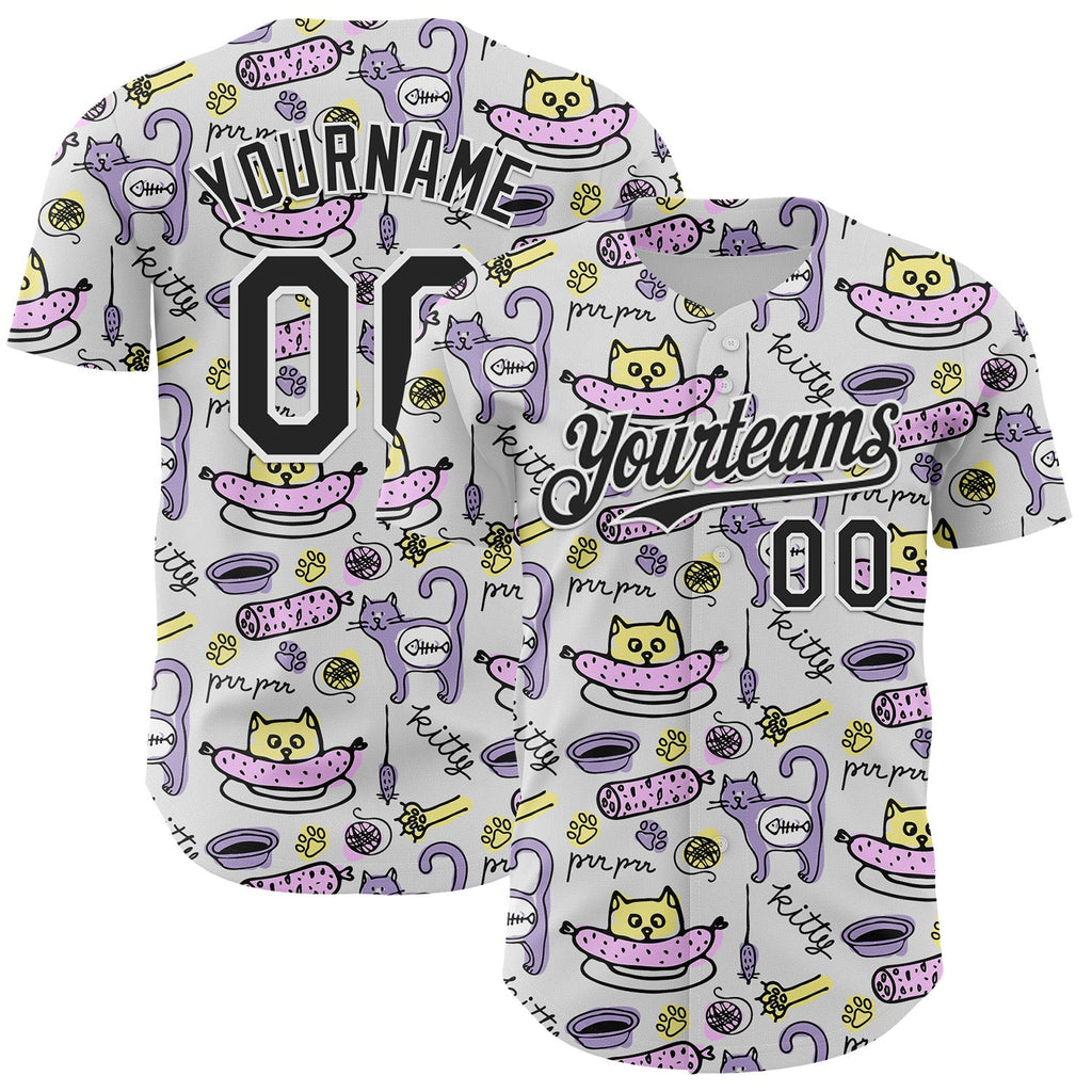 Custom White Black 3D Pattern Design Funny Cartoon Animal Cat And Dog Authentic Baseball Jersey