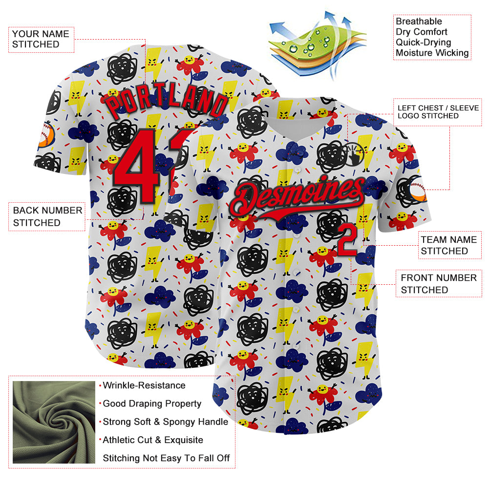 Custom White Fire Red-Black 3D Pattern Design Funny Cartoon Flower Cloud Lightning Authentic Baseball Jersey