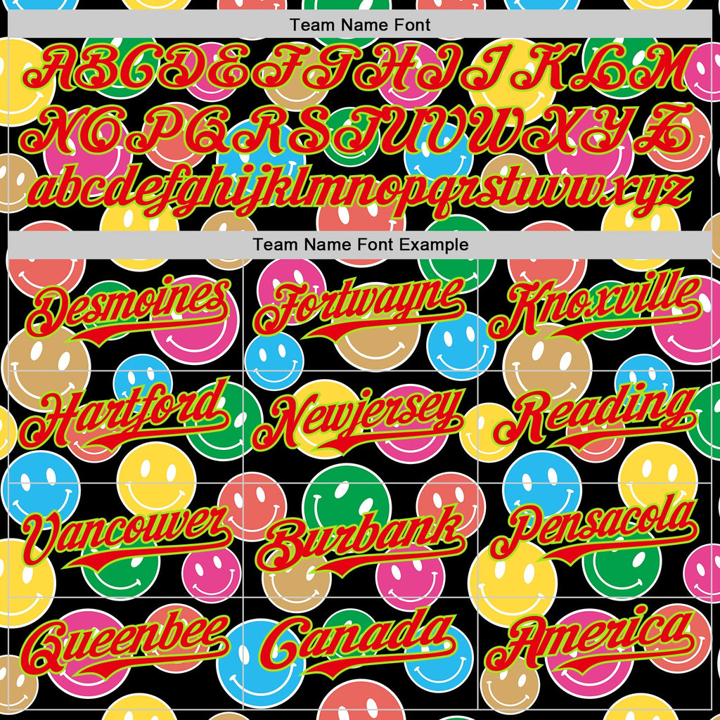 Custom Black Neon Green-Fire Red 3D Pattern Design Funny Cartoon Emoji Smile Face Authentic Baseball Jersey