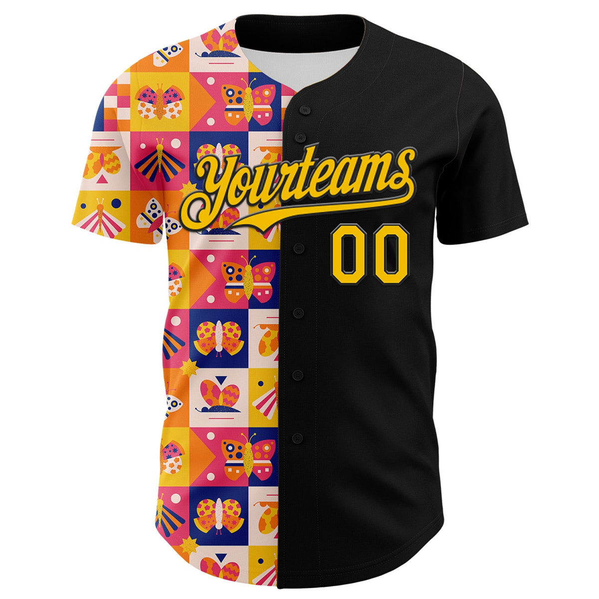 Custom Black Yellow 3D Ambartive Abstract Butterfly Pattern Authentic Baseball Jersey