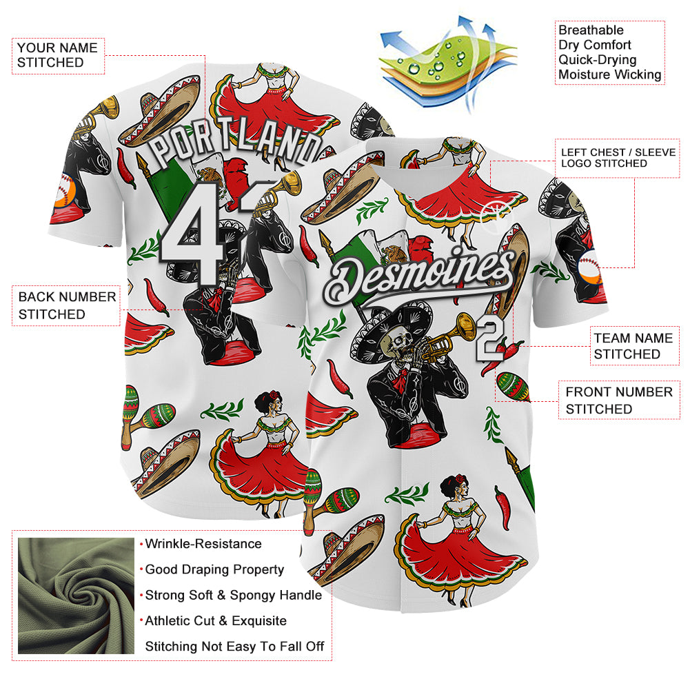 Custom White Black 3D Mexican Festival Skull Cinco de Mayo Authentic Baseball Jersey