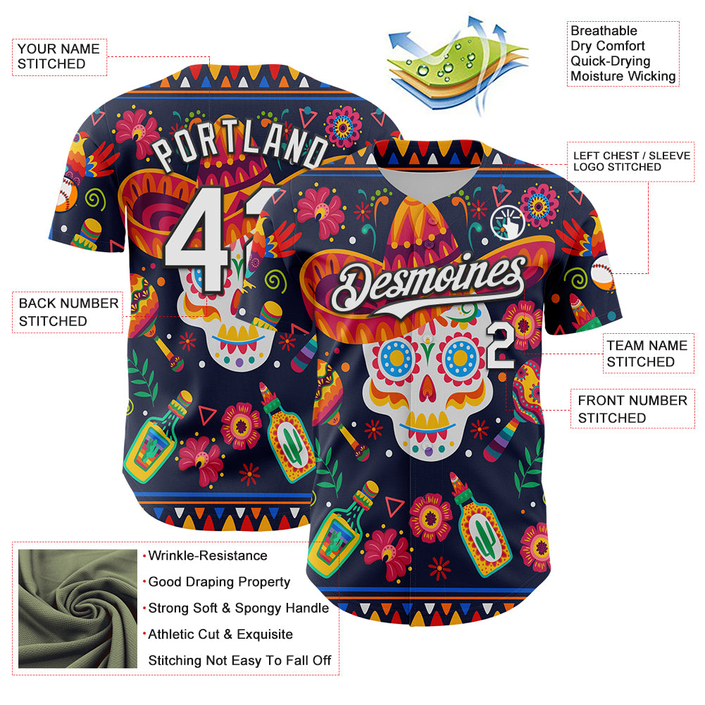 Custom Navy White-Black 3D Mexican Festival Flower Skull With Sombrero Cinco de Mayo Authentic Baseball Jersey